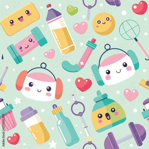 Adorable Fitness Equipment Seamless Pattern Cute Dumbbells, Water Bottles & More