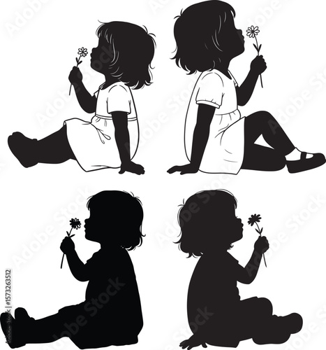 Girl Sitting And Smelling Flowers Cartoon silhouette