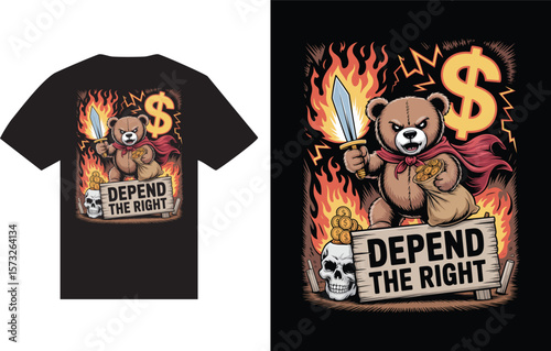 Fierce teddy bear warrior defends the right with sword and money bag t shirt design