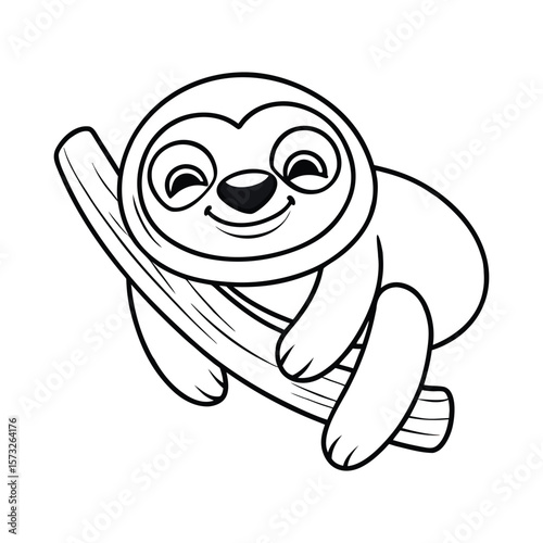 Sleepy sloth hanging gently on a branch for kids coloring book Vector illustration