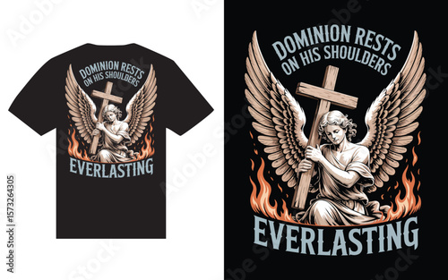 Angel holding a wooden cross with wings and flames and text t shirt design