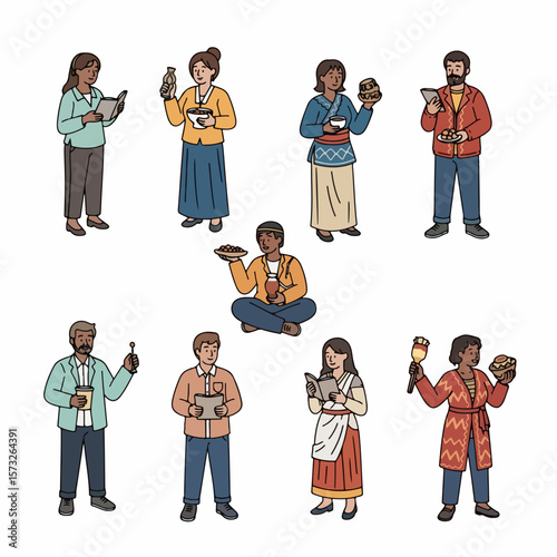 Diverse people holding food and devices