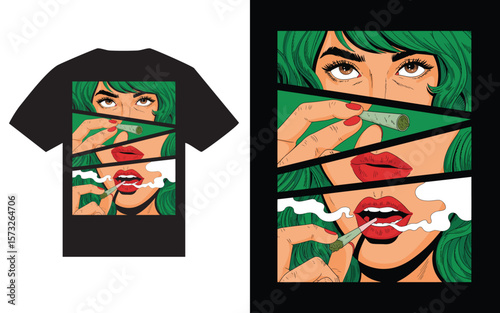 Pop art style woman with green hair smoking a joint exhaling smoke t shirt design