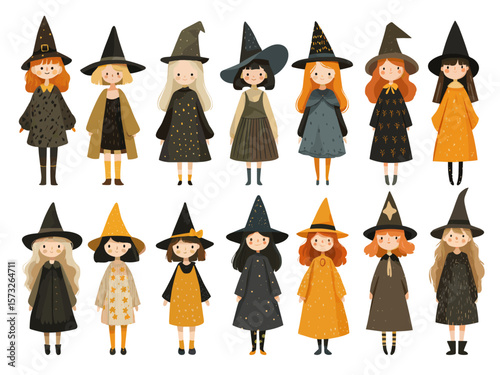 Cute cartoon halloween witches characters. Decorative magical girls dolls, fantasy fairytale vector set