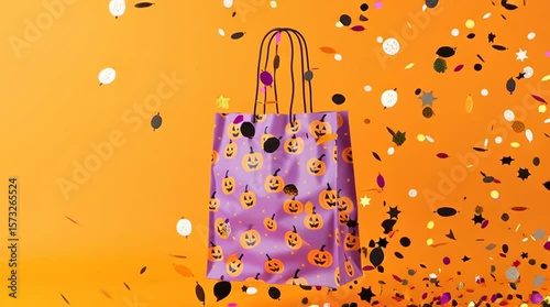 Purple Shopping Bag with Jack-o’-Lantern Print and Flying Confetti on Orange Background