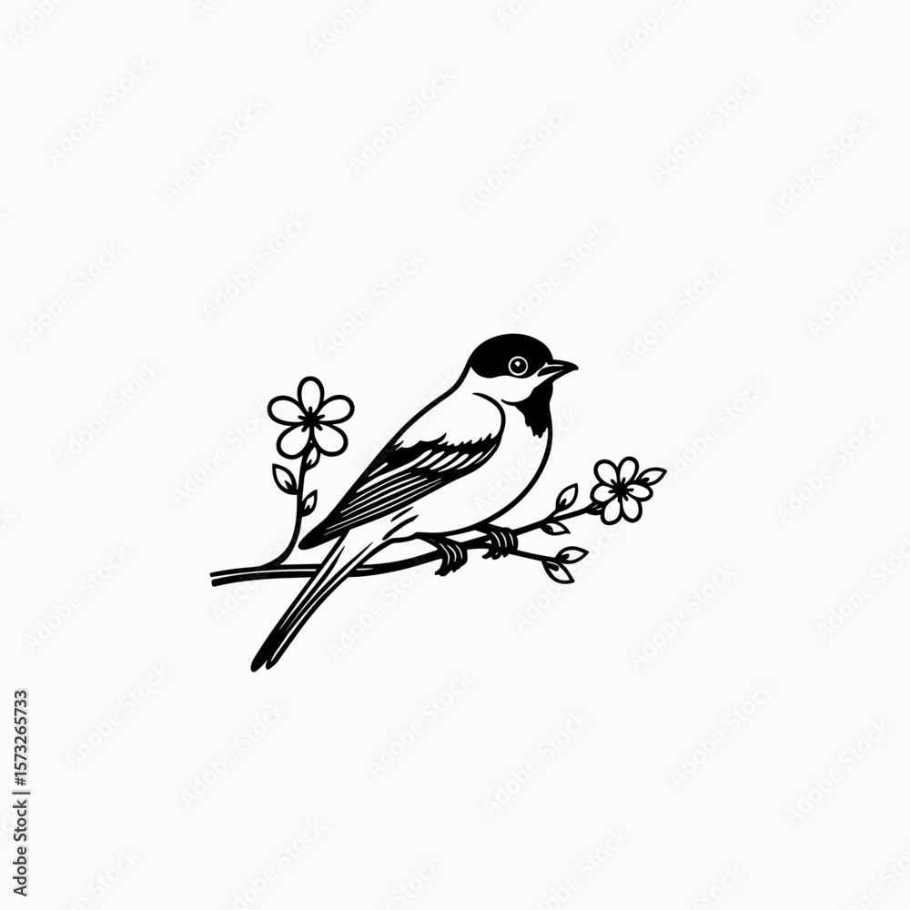 Obraz premium Black and white bird illustration perched on branch with flowers 