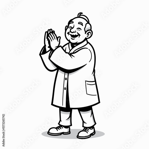 Smiling elderly Asian man in lab coat with hands together  