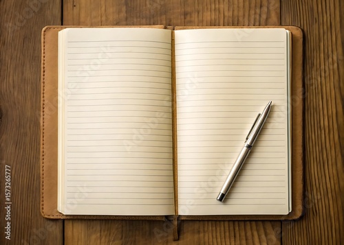An open notebook with blank pages and a pen rests on a wooden table, inviting creativity and planning