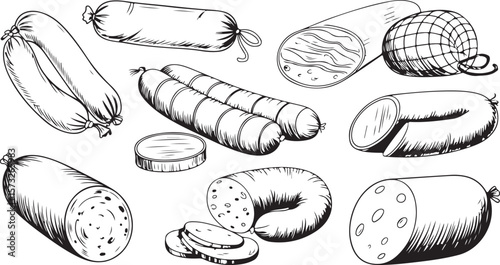 Silhouette of Sausage Variety Collection, Charcuterie and Deli Meat Vector Icons