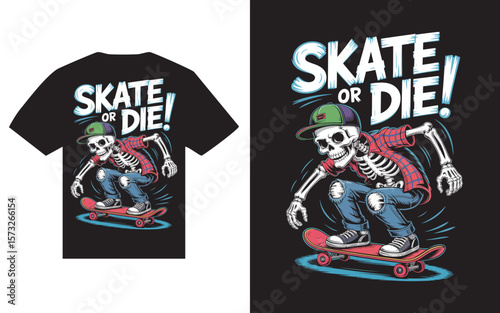 Skeleton skater wearing a plaid shirt and baseball cap rides a skateboard with the text skate or die t shirt design