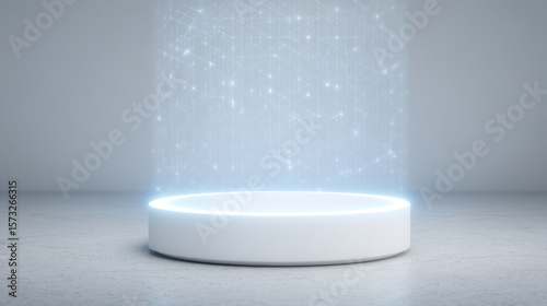 Holographic digital network projection above white round platform glowing with futuristic light in empty space