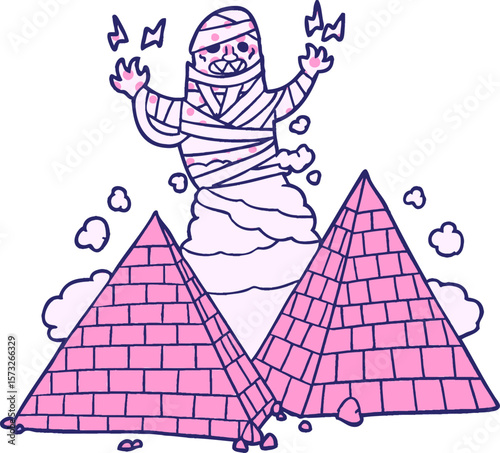 cartoon mummy and pyramids in bright neon color
