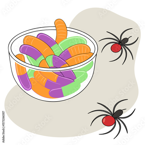 A bowl of colorful gummy worms with two black widow spiders on a beige background illustration