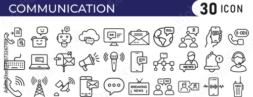 Communication icon set. Containing speak, phone, mail, contact, chat, website, satellite, radio, antenna, message, connection, news and more