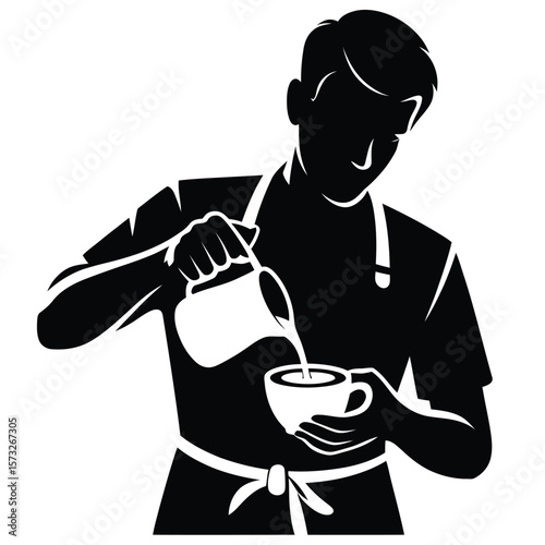 Barista pouring milk into coffee cup silhouette vector