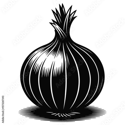 Black and white graphic illustration of an onion vegetable