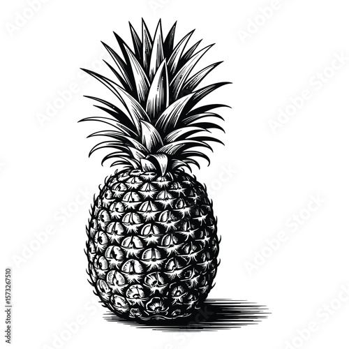 Black and white linocut style pineapple illustration