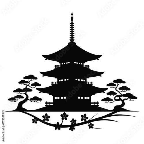 Black silhouette of a five-story pagoda with bonsai trees and cherry blossoms
