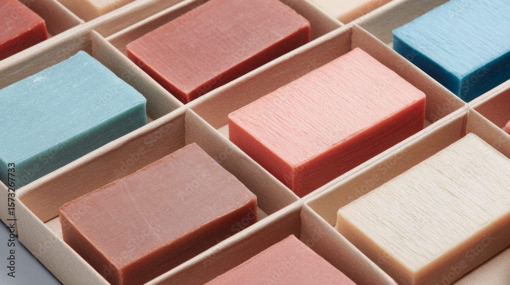 Fototapeta premium Assorted handmade soap bars in cardboard boxes clean skincare organic hygiene product packaging display