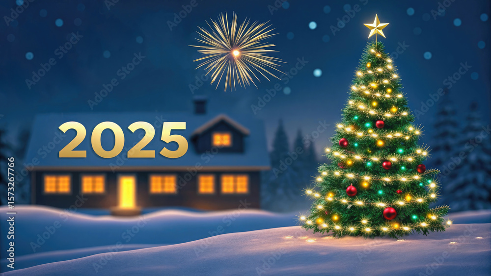 Fototapeta premium Christmas scene with illuminated tree house fireworks and 2025 text in snowy winter landscape