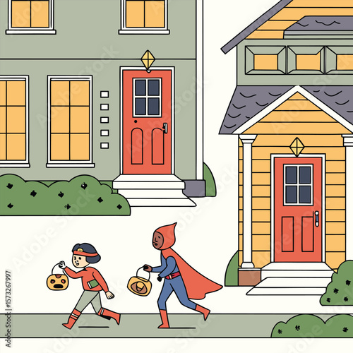 Trick-or-Treaters in Halloween Costumes Visiting Houses on a Suburban Street
