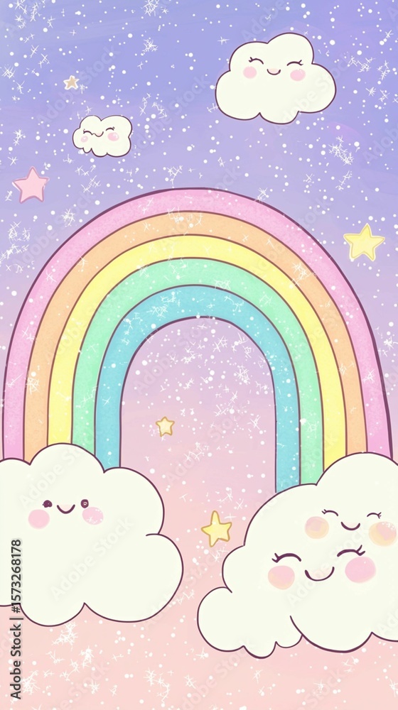 Obraz premium Cute Rainbow with Happy Clouds and Stars in Sky