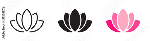 Lotus icon set. Beauty, spa, self-care, beauty salon, grooming, nature, flower, plant, water lily. Vector illustration. Editable stroke. Flat design.