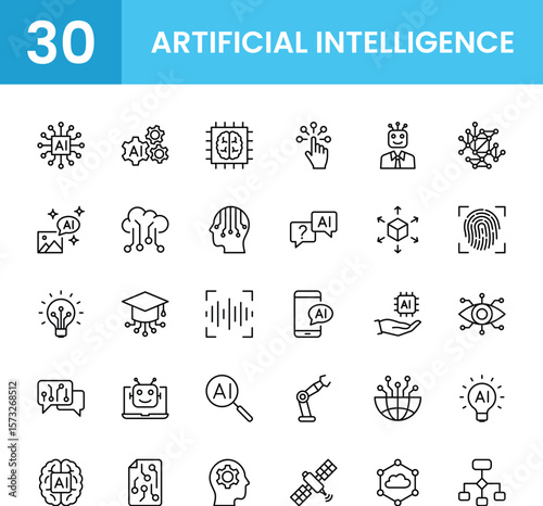 Thin Line Artificial Intelligence Icon Set. Contains 30 vector icons