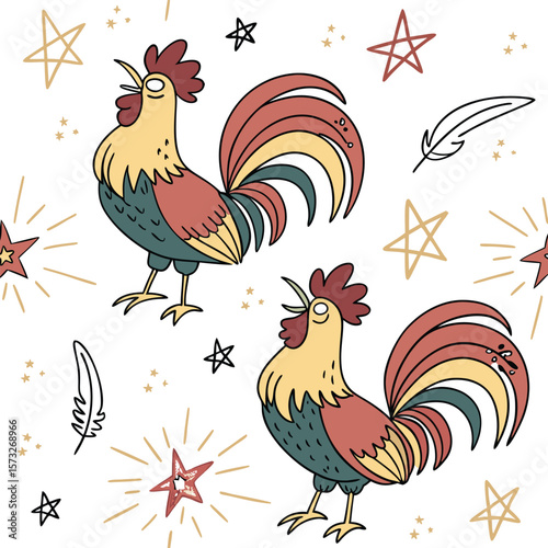 Colorful Rooster Seamless Pattern Festive Farm Animal Illustration