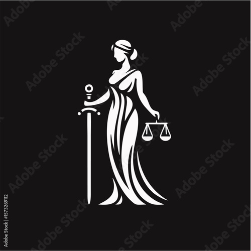 Minimalist Black and White Vector Logo of Greek Goddess of Justice and Law Themis with Sword and Scales