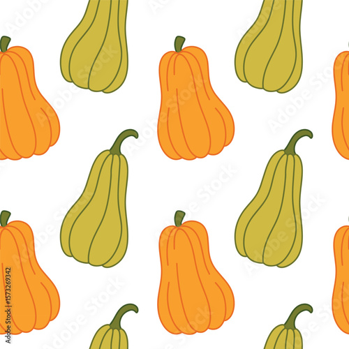 Seamless pattern of green and yellow squash on white. Autumn harvest design for wrapping, textiles, and seasonal use