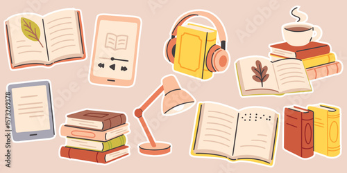 Collection of books, audiobook player, open book, coffee cup, desk lamp, and digital reader. Ideal for depicting reading, studying, and hybrid learning tools