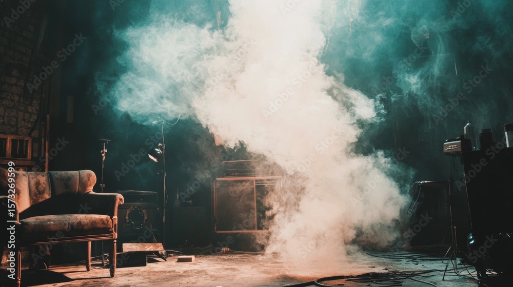 Smoke filled dramatic room with furniture and suitcase cinematic atmospheric vintage style conceptual photography Smoke filled dramatic room with furniture and suitcase cinematic atmospheric vintage style conceptual photography
