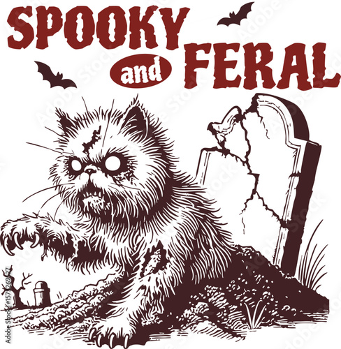 Spooky and Feral Cat – Zombie cat rising from the grave in Halloween cemetery scene, spooky, grungy, and humorous illustration for Halloween cat lovers