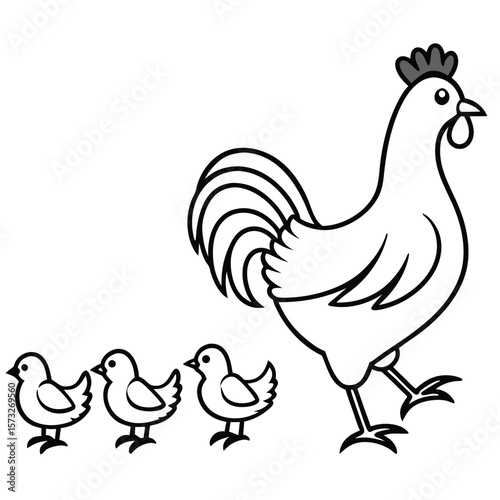 Silhouette of a Rooster Walking with Three Chicks A Family of Farm Birds