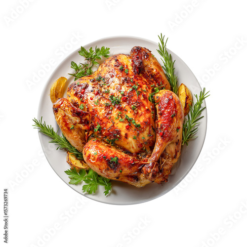 Delicious roasted chicken with potatoes rosemary and parsley isolated on transparent background