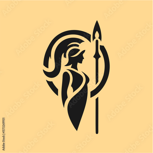 Minimalist Black and Gold Vector Logo of Greek Goddess Athena with Spear and Shield in Shield Frame