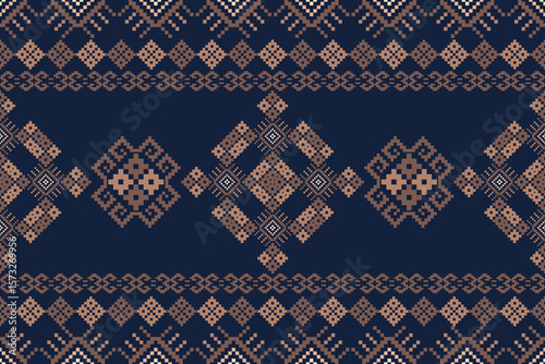 Pixel art vintage knitted fabric ornament seamless edge with traditional Thai flowers