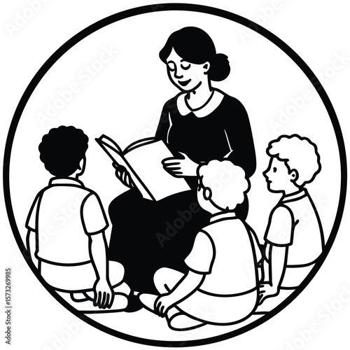 Silhouette of Teacher Reading to Children Story Time Illustration