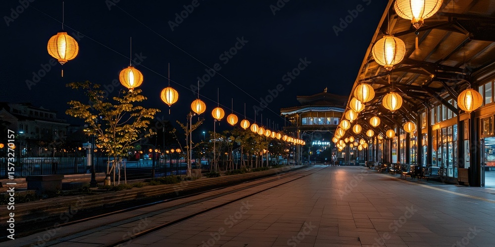 Fototapeta premium Railway station lit by glowing paper lanterns at night