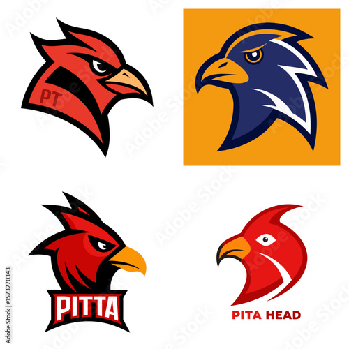 Four stylized bird head logos with different color schemes and design elements in a quadrant layout