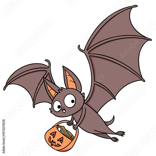 A cute cartoon bat with wide eyes and large wings flies through the air holding a jack o lantern candy bucket filled with treats during halloween