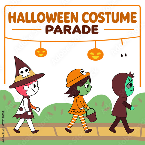 Illustration of children in halloween costumes walking in a parade with pumpkin decorations and bushes around them
