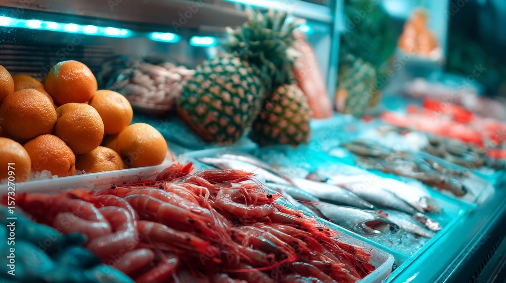 Fototapeta premium Fresh meat products inside refrigerated supermarket shelf with frost clean cold storage retail display