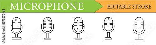 Retro Microphone Line Icon Set | Editable Stroke Vector Symbols for Audio & Broadcasting