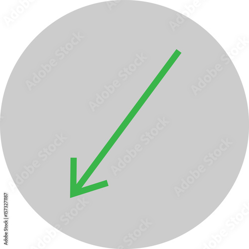 Green Diagonal Arrow Downward on Light Gray Circular Background Simple Graphic Design Element