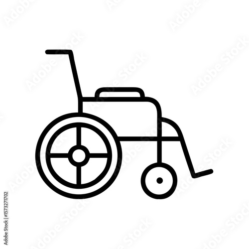 Simple line drawing of a wheelchair with large wheels and handles for assistance and mobility aid use