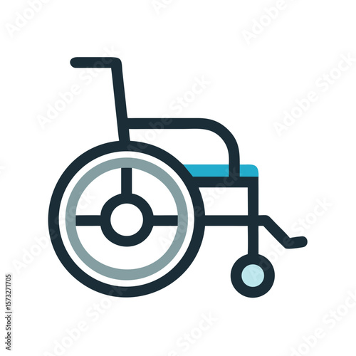 Illustration of a wheelchair with large wheels and a blue seat for mobility assistance device use