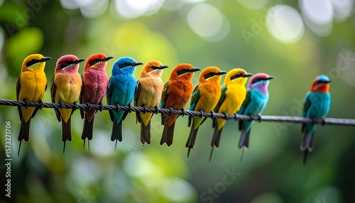 Colorful birds perched on wire