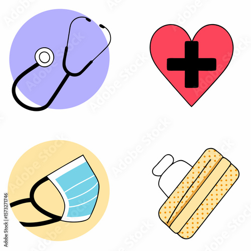 Illustration showing medical equipment including stethoscope mask heart and bandage icons present here